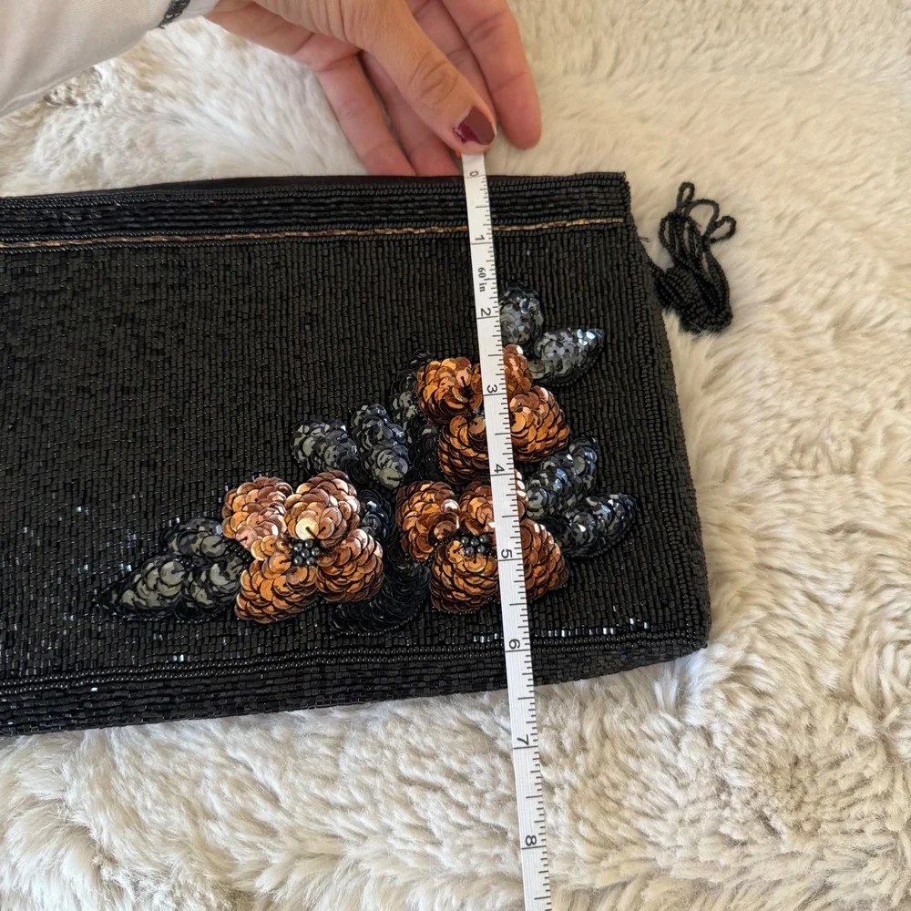 Vintage Black Beaded Clutch Evening Bag with‎ Floral Sequins Tassel